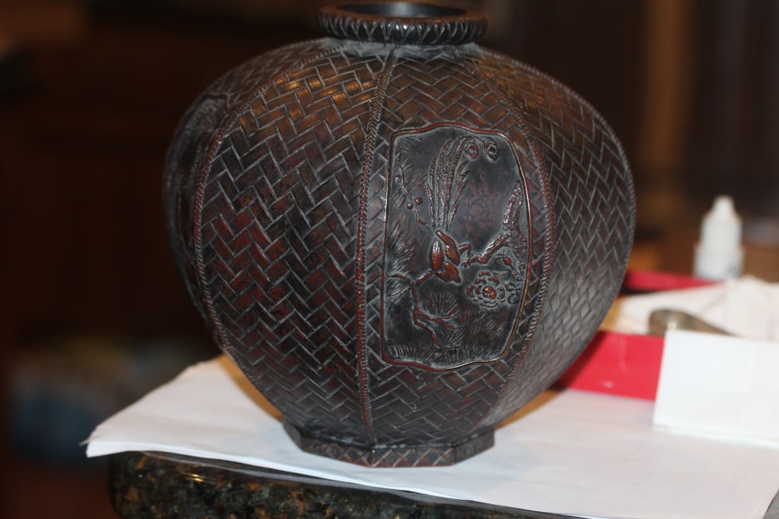 Antique Chinese Bronze Basin: well carved - 9 1/2" wide by 8 1/2" tall - most liekly 19th century