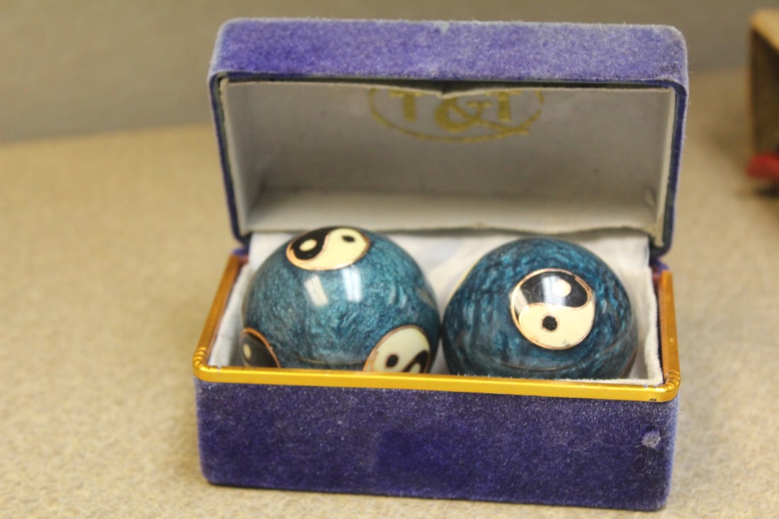 Pair of Chinese Enamel Exercise Balls: boxed