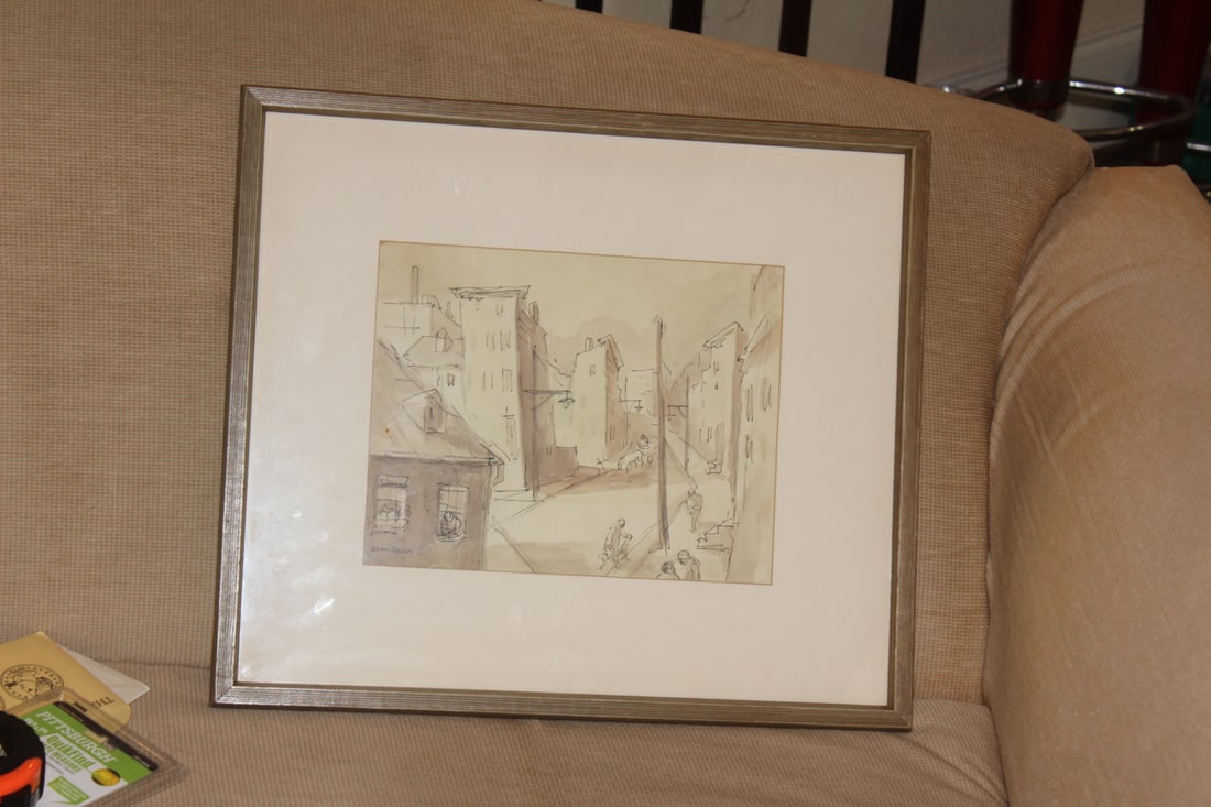 Watercolor by Aaron Sopher: possibly other media, such as lithograph, etching etc - framed - overall= 18" x 15 3/4"