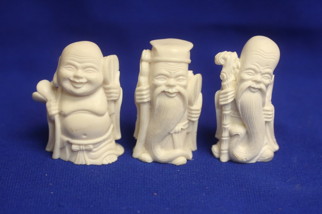 A Well Carved Chinese 3 Gods: Happiness, longetivity and wellness - 2 1/2" tall each