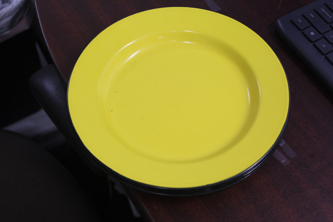 Set of 6 Enamel on Copper Plates: or bowls - 10 1/4" in diameter each