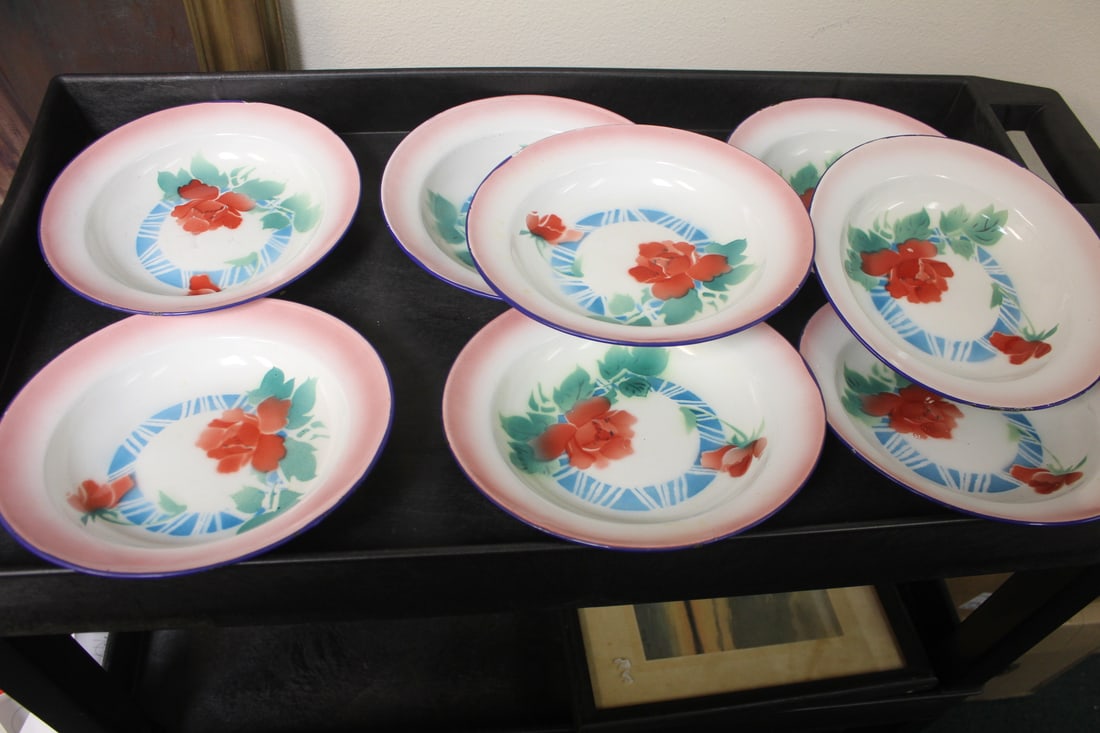 Set of 8 Vintage Chinese Enamel Bowls: please note: few has some minor rim losses as shown - 9 1/2" in diameter