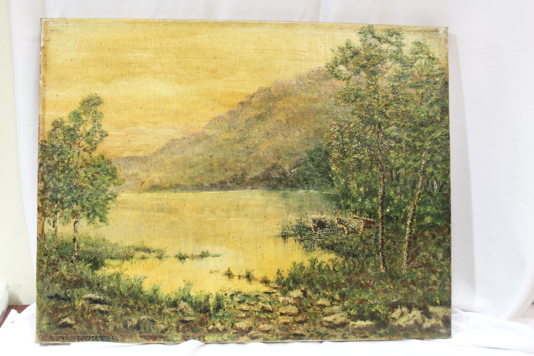 A Signed Ashworth Oil on Canvas: unframed - river scene - 18" x 14" - old