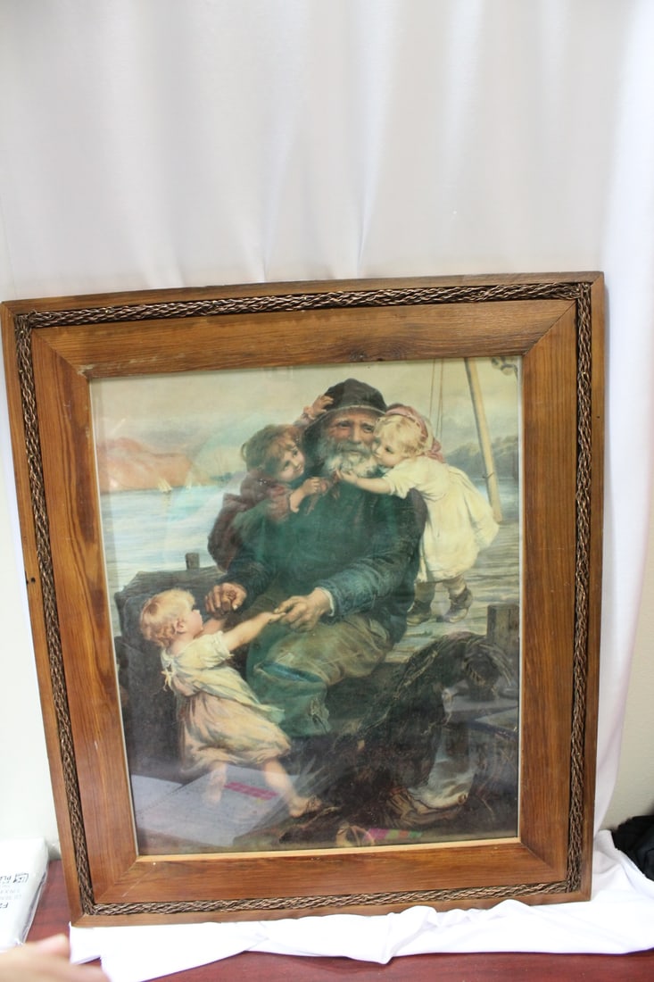 A Vintage Print: Man with Girls: overall= 22 1/4" x 25 3/4" - nice wood frame
