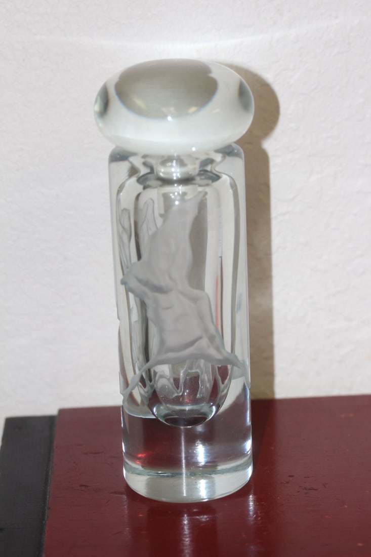 Signed Etched Glass Perfume Bottle: signed Deeble (Robert Deeble) - 8 1/4" tall