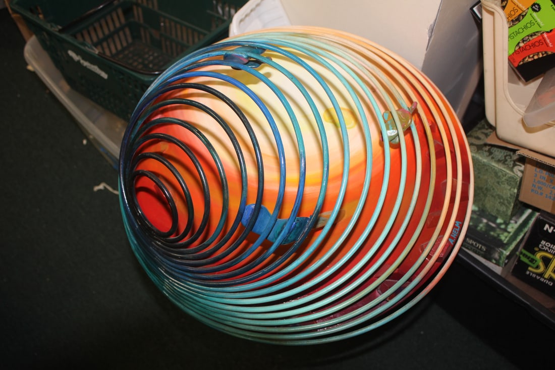 Signed A. Helm Metal and Wood Sculpture: 3Dimensional - reminds me of twight light zone - base diameter is 20 inches
