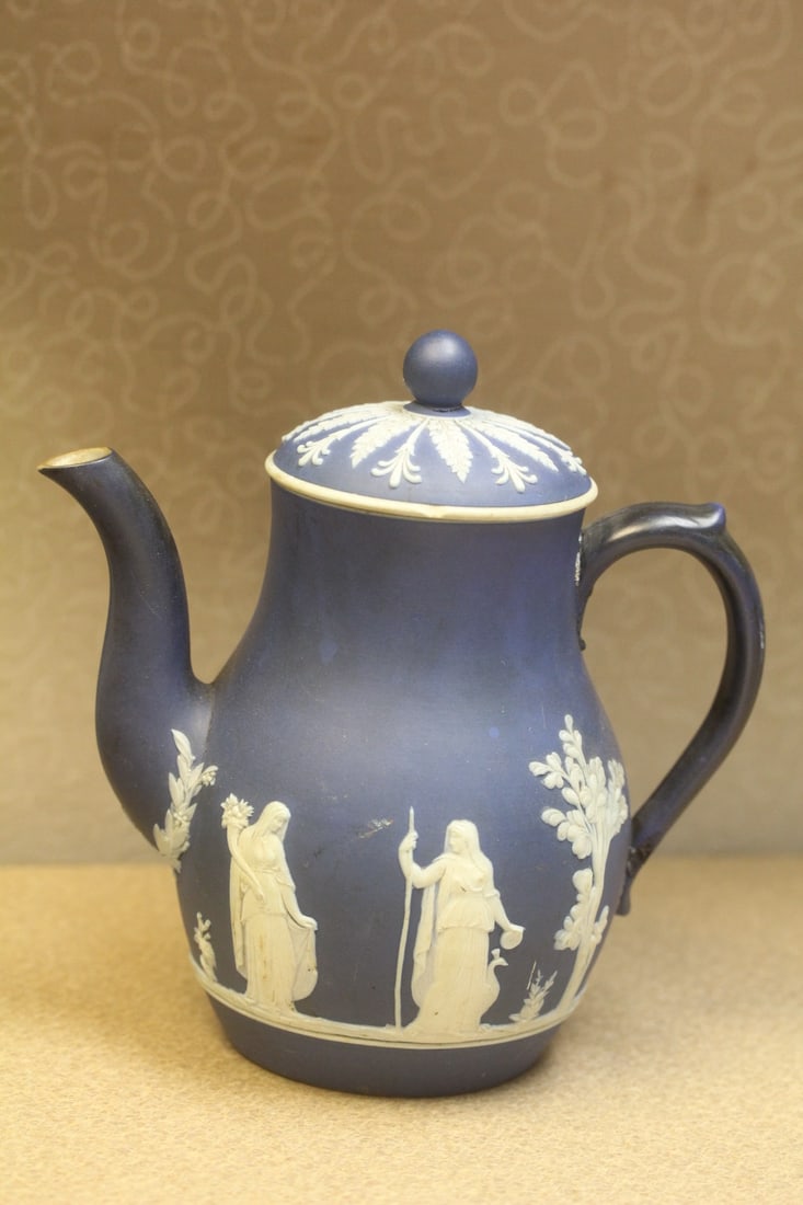 Antique English Wedgwood? Jasperware Teapot: 7 1/8" tall - please note: chip, handle restored