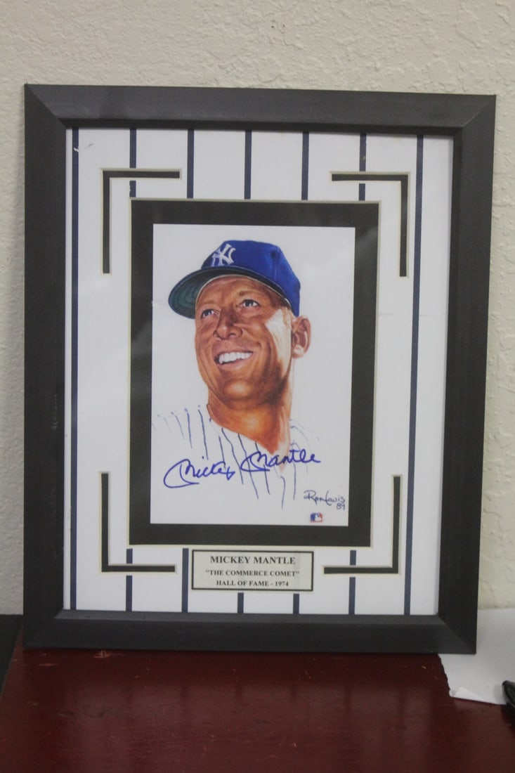 Signed Mickey Mantle Lithograph: by Ron Lewis - framed - overall= 11 1/4" x 9 1/4"