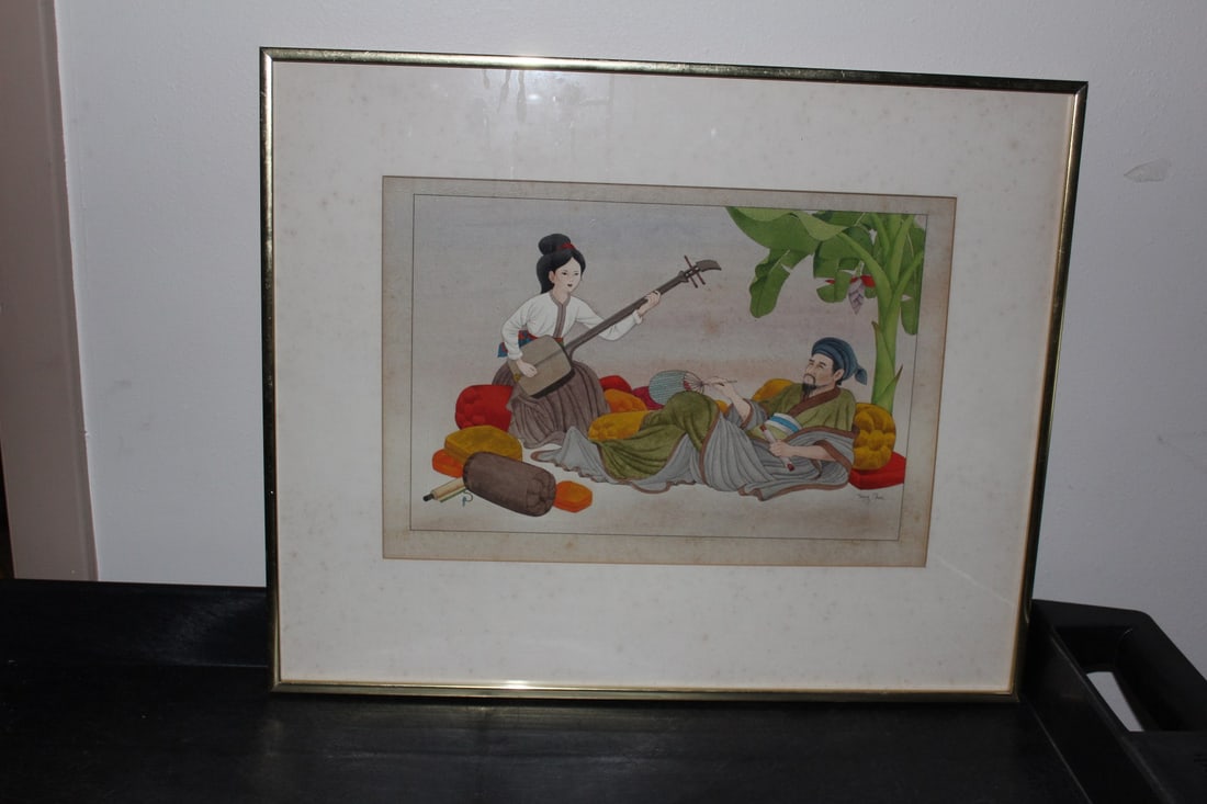 A Signed Painting by Tony Chen: Quache/mixed media or possibly a lithograph - medium unknown - framed - overall= 2 1/4" x 17 1/4" - sight= 13" x 8 1/2 "