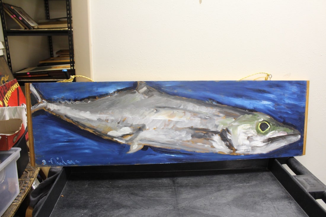 A Signed Mackerel Oil Painting on Wood: wood from a table leaf - 42" x 11 3/4"
