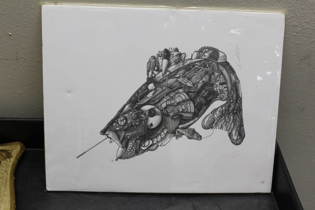 A Don Stewart Bass Art: unframed - overall= 14" x 11 1/8"