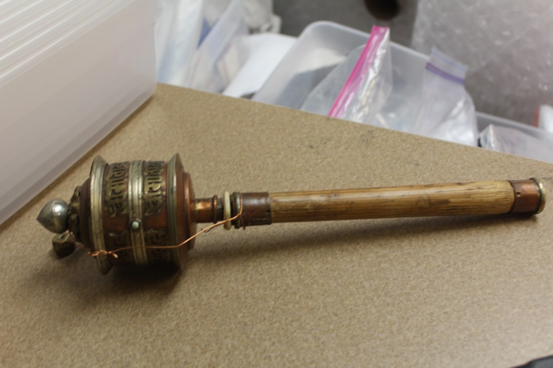 Antique Chinese Tibetan Prayer Wheel Spinner: with wax seal - 12 inches long