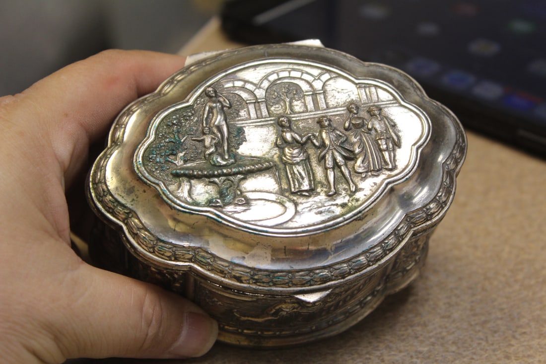 Well Carved Metal Box: 4 1/2" across - please note: needs cleaning