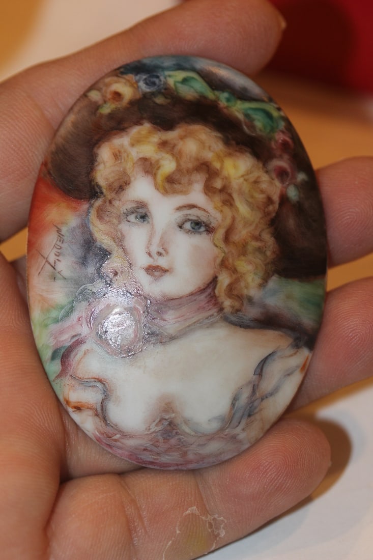 Antique Portrait Porcelain Plaque: signed - 2 3/4" across