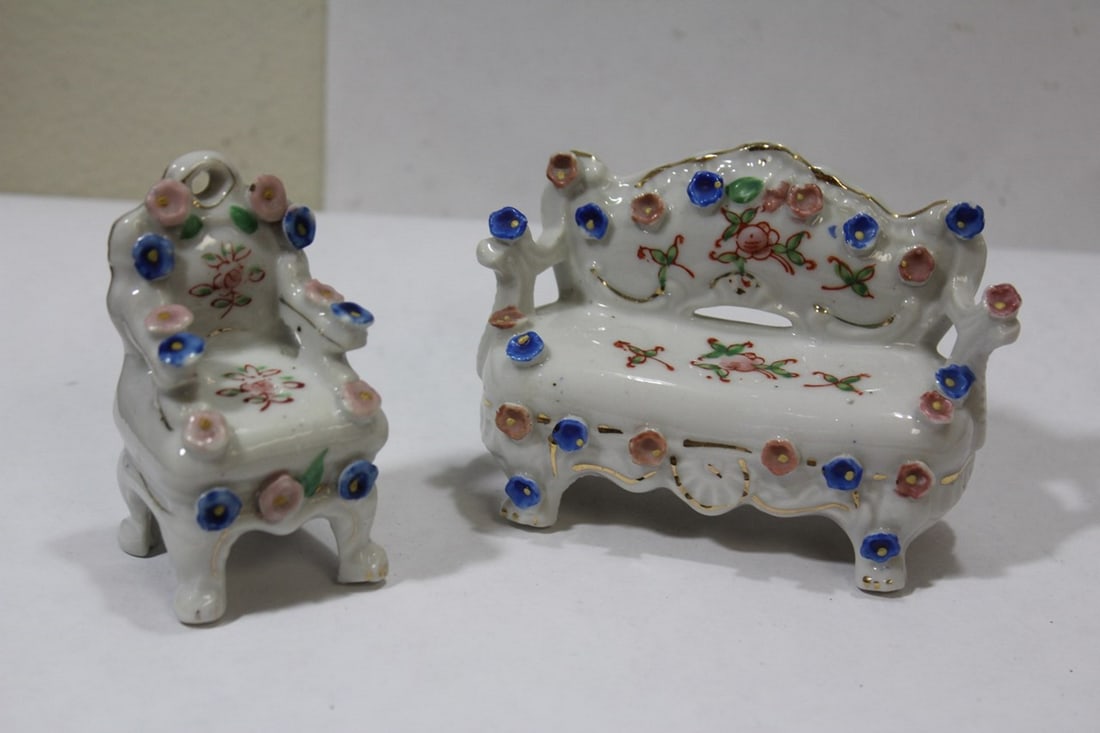 An Occupied Japan Ceramic Sofa and Chair: sofa= 4" long