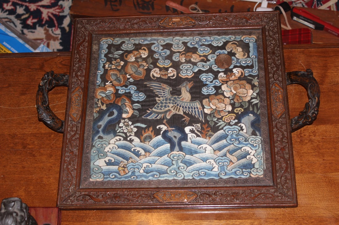 Antique Chinese Rank Badge Insert: inside an export carved wooden tray - 19th century - please note: one handle has been repaired as shown - handle to handle= 18 1/4" long