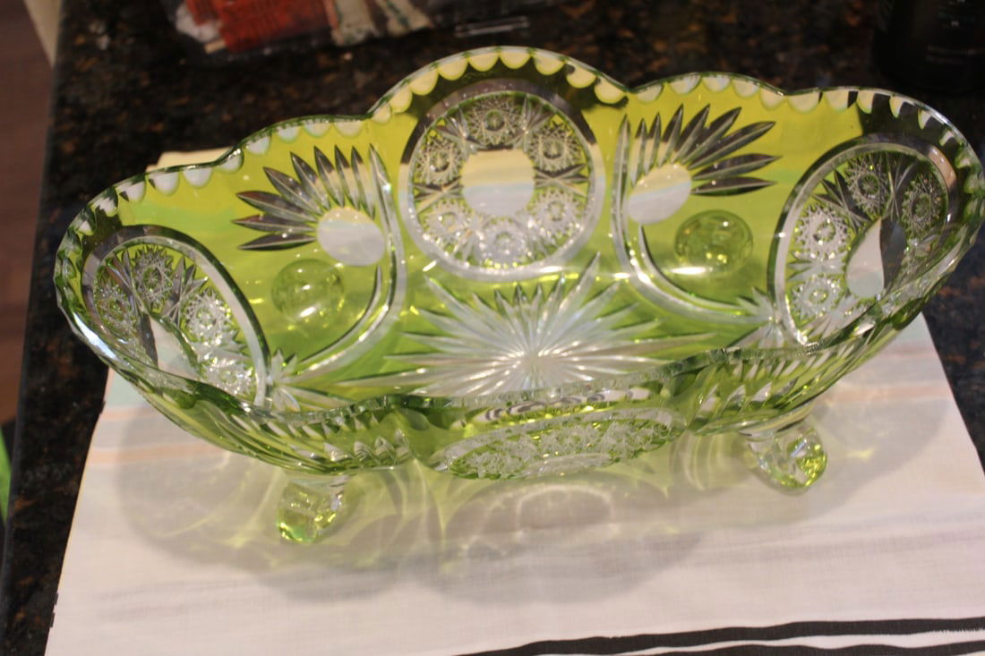 Green Cut Glass Fruit Bowl: beautiful - footed - 13 3/4" across