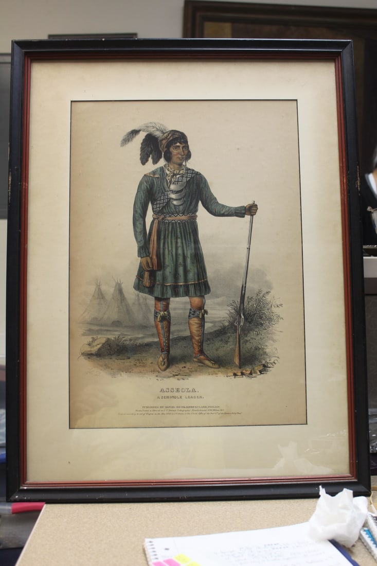 Asseola, Seminole Leader Lithograph: hand coloured lithograph - appeared to be 19th century - overall= 25 3/4" x 19 3/4" - framed