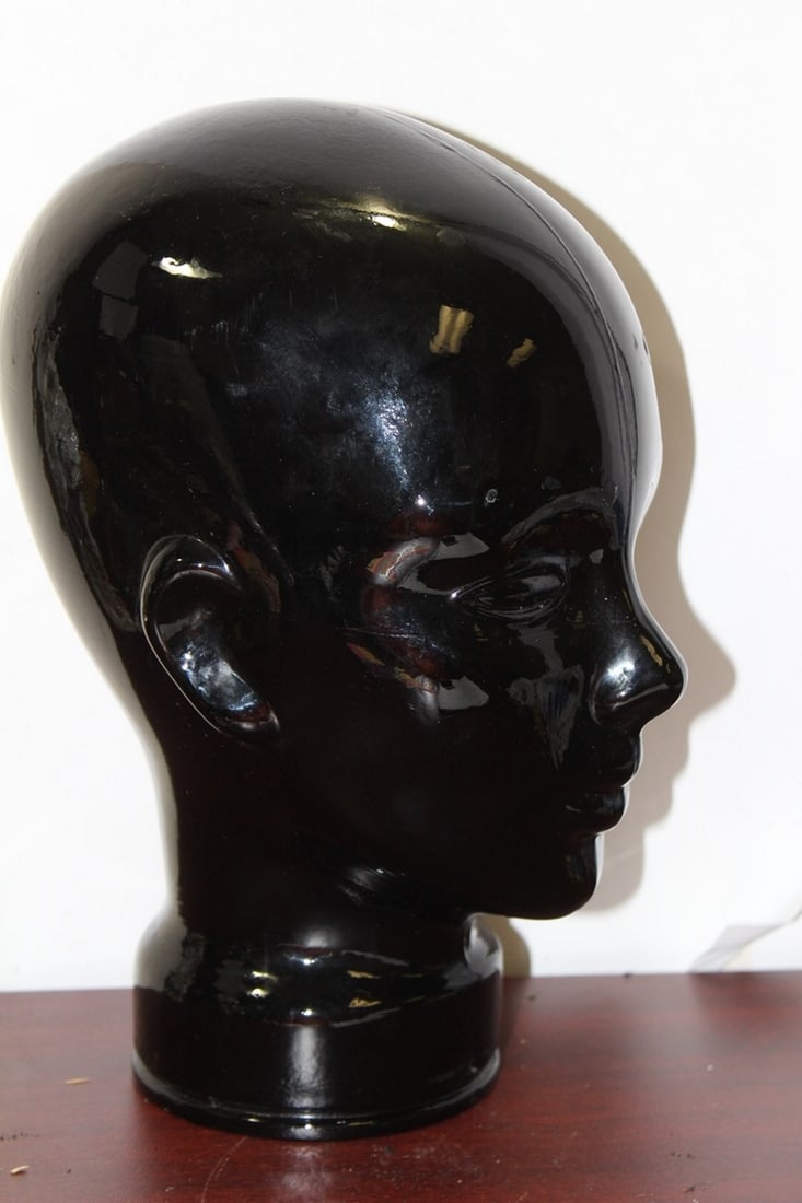 A Black Glass Bust: mannequin display - 11 7/8" tall