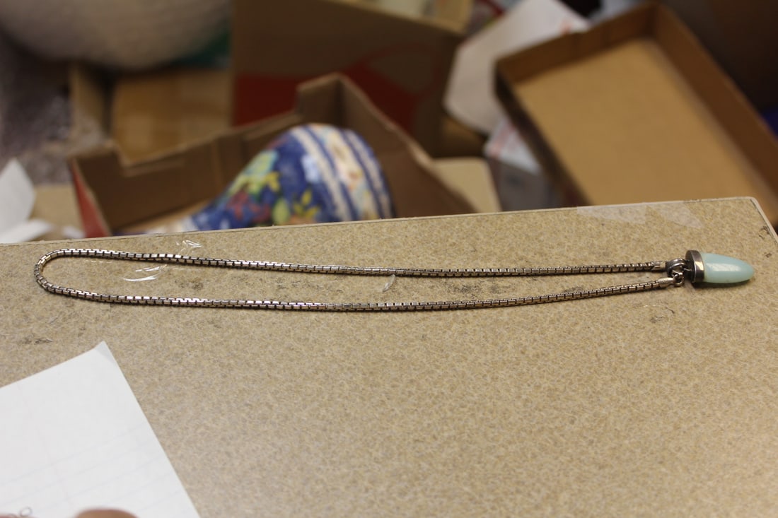 Signed Italian Design Sterling Necklace: signed: Milor - necklace and jade pendant - overall= 10 3/4" long when unclapsed