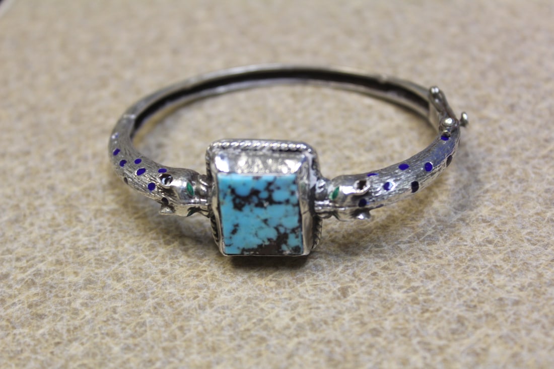 Silver and Turquoise Bangle Bracelet: marked 900
