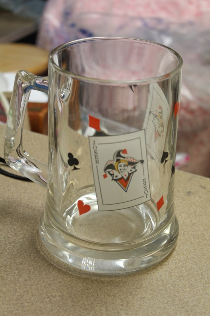 Large Joker Glass Mug: 7" tall