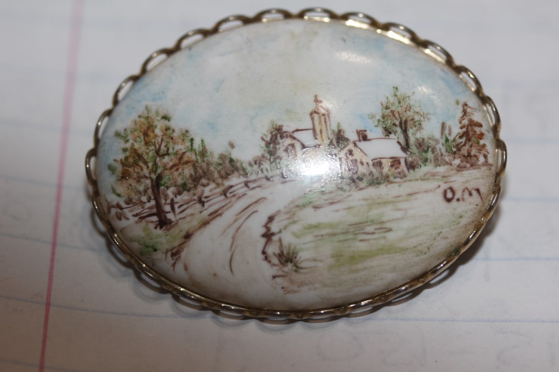 Porcelain Brooch: handpainted? - signed with initials
