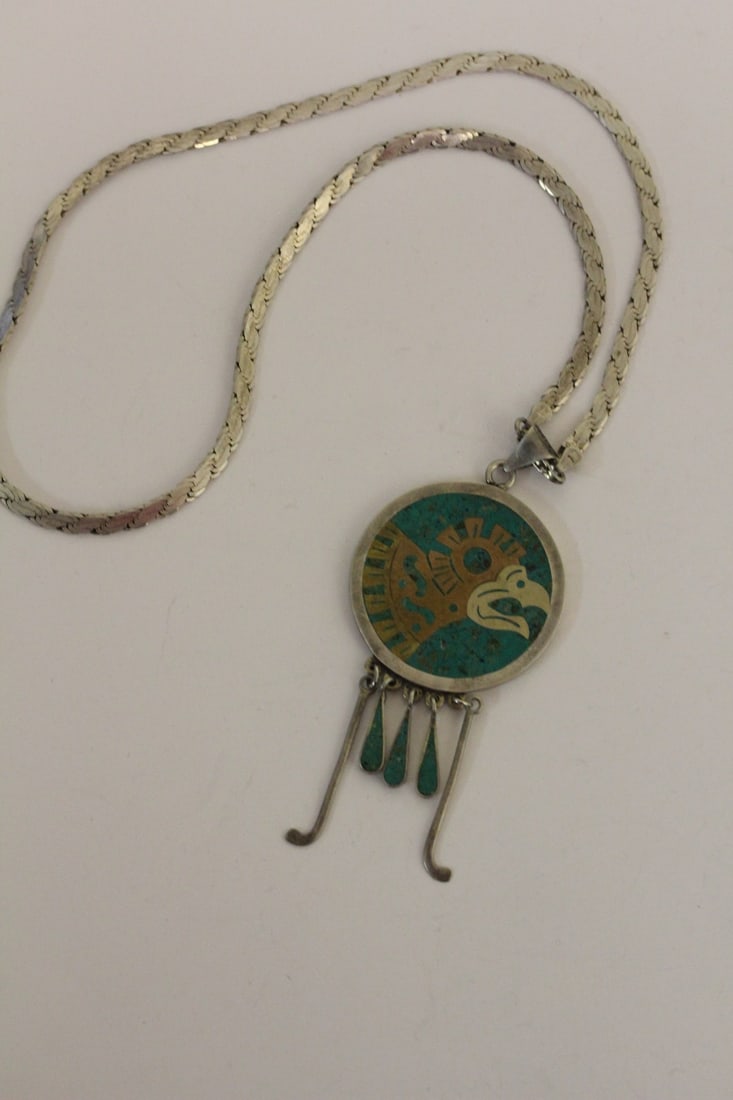 A Sterling Inlaid Doublesided Pendant and Necklace: necklace= 20" long unclasped