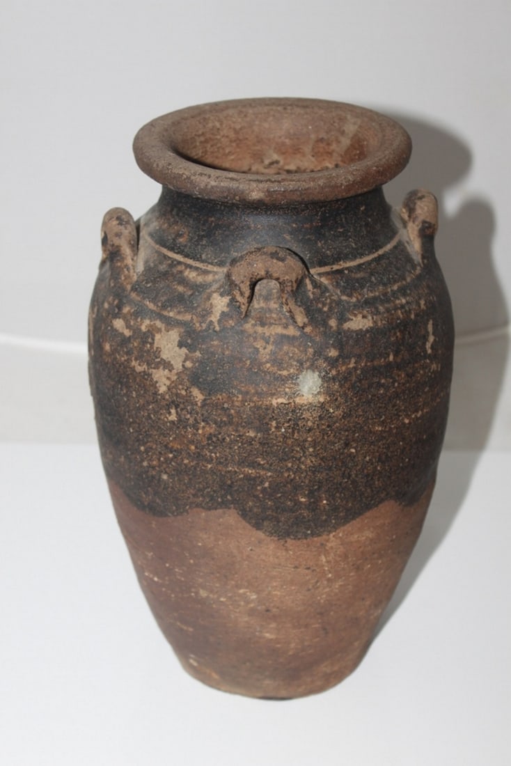 Antique Sung Dynasty Large Pottery Pot: Brown Ware Tiger Glaze - 11.25"Tall