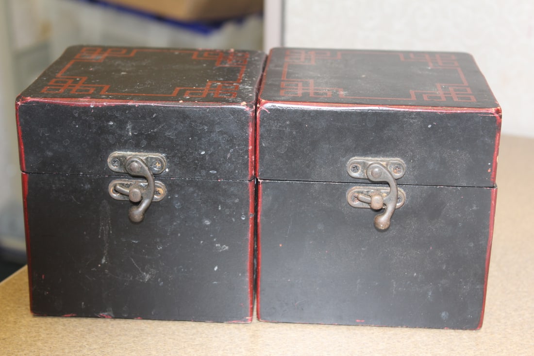 Pair Oriental Box: please note: one has a loose hinge as shown - 4 3/4" square - wood construction