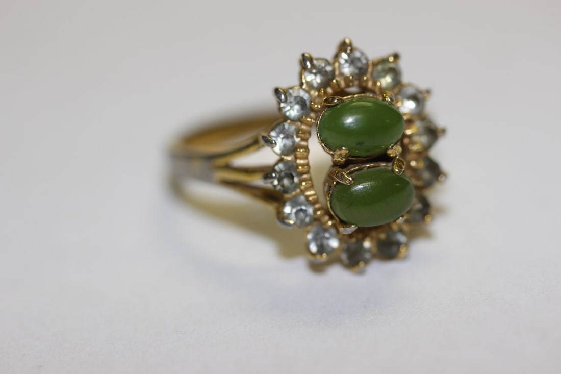 18Kt Gold Plated Jadeite and Cz Ring: marked as shown