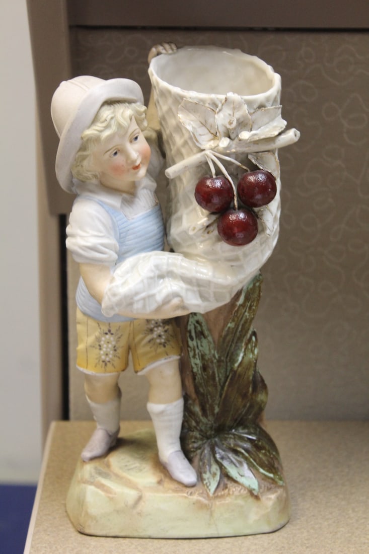 Victorian German Bisque Figurine: planter or holder - please note: tight hairline on base as shown - 10 5/8" tall