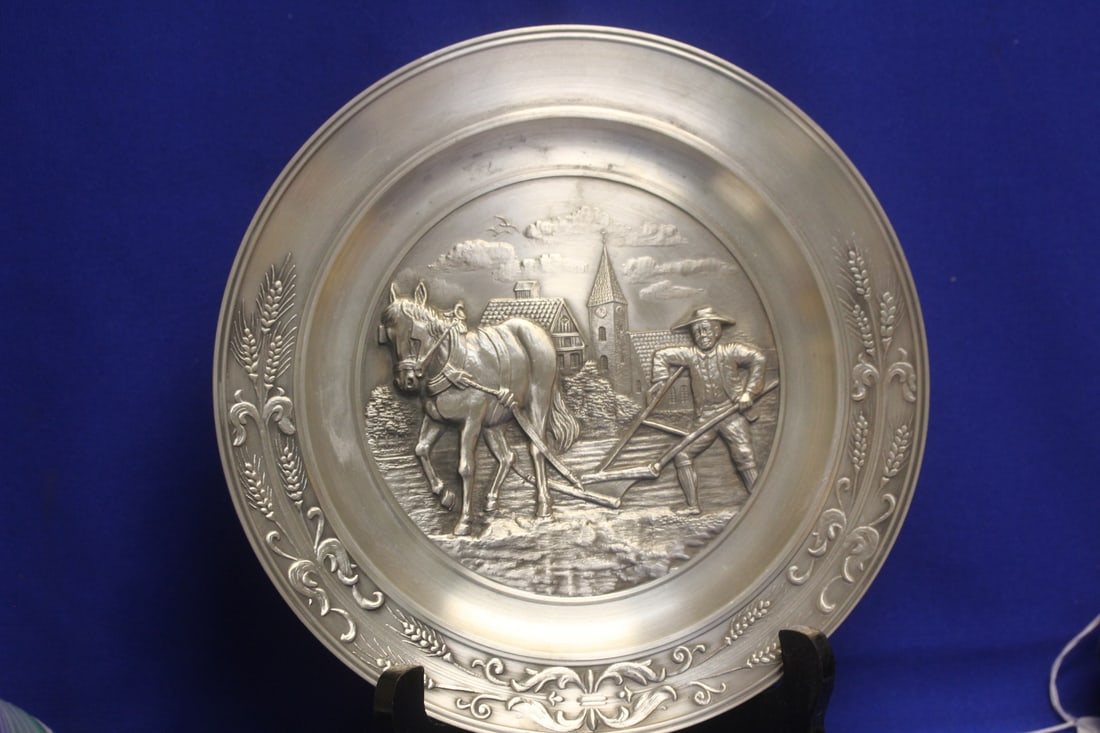Germany Well Carved Pewter Plate: SKS Germany - 9" in diameter