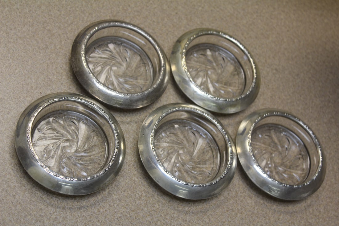 Lot of 5 Sterling Rim Glass Coasters (1 of 4)