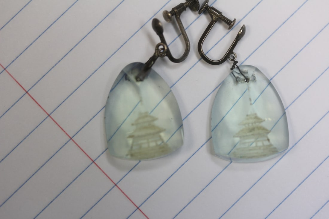 Pair of Sterling Earrings: carved pagoda