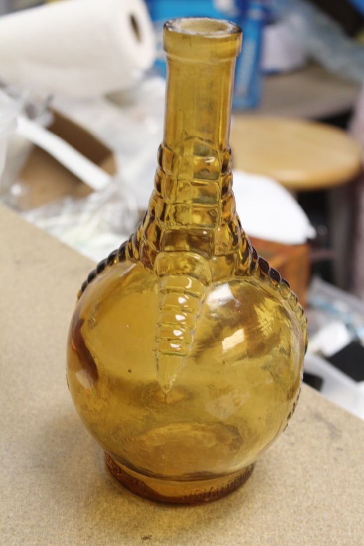 Chicken Foot Amber Spirit Bottle: Wheaton, New Jersey - 9 1/4" tall