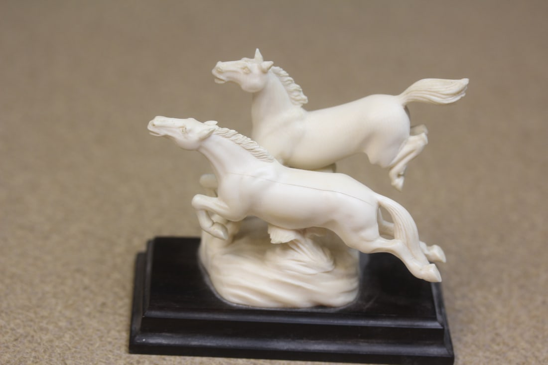Chinese bone horses: Well carved, on stand, please note= possibly seperation/hairline, still very beautiful subject, 3 3/4" wide x 3 3/4" tall