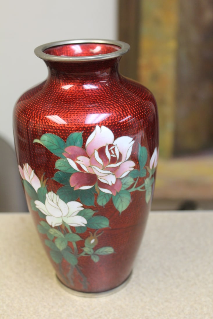 Japanese Pigeon's Blood Silver Wire Vase: cloisonne - 7 1/2" tall