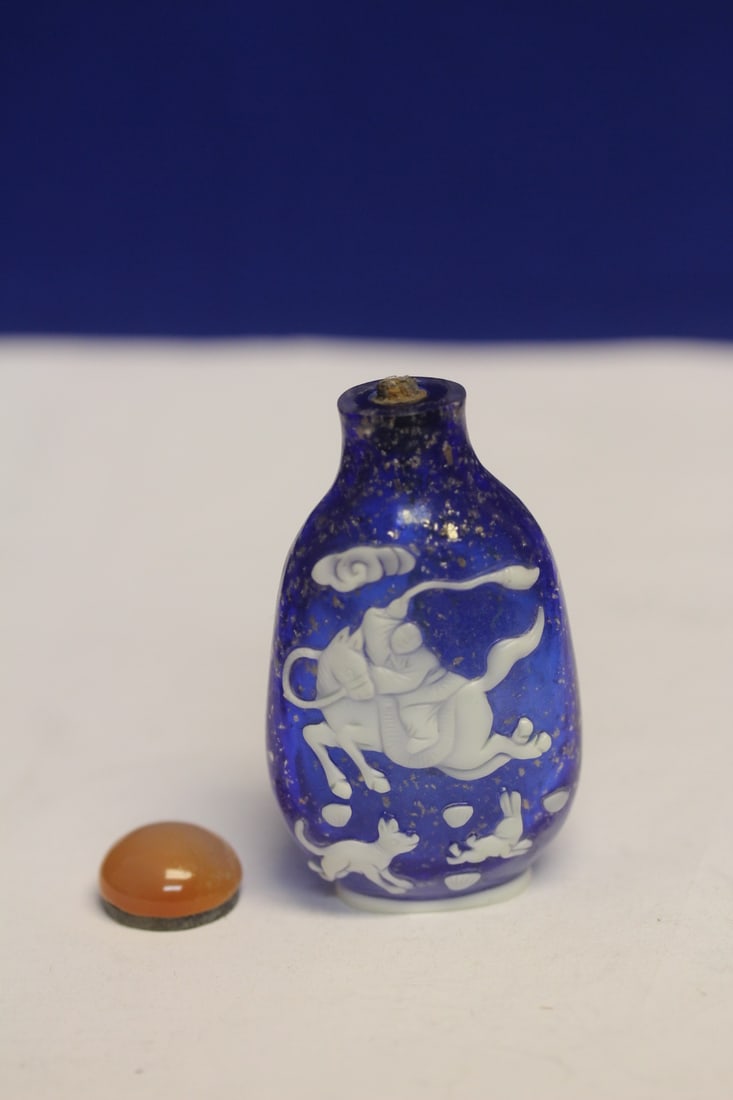 Gold Speckle Overlay Glass Snuff Bottle: please note: top broken off - 3 inches tall