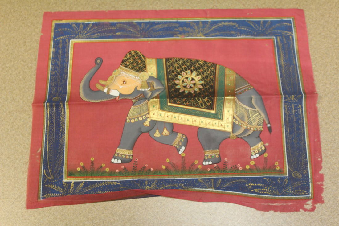 Hand Painted Indian Pastel: on cloth - two elephants - overall= 13 1/4" x 9 5/8" - please note= small holes - unframed