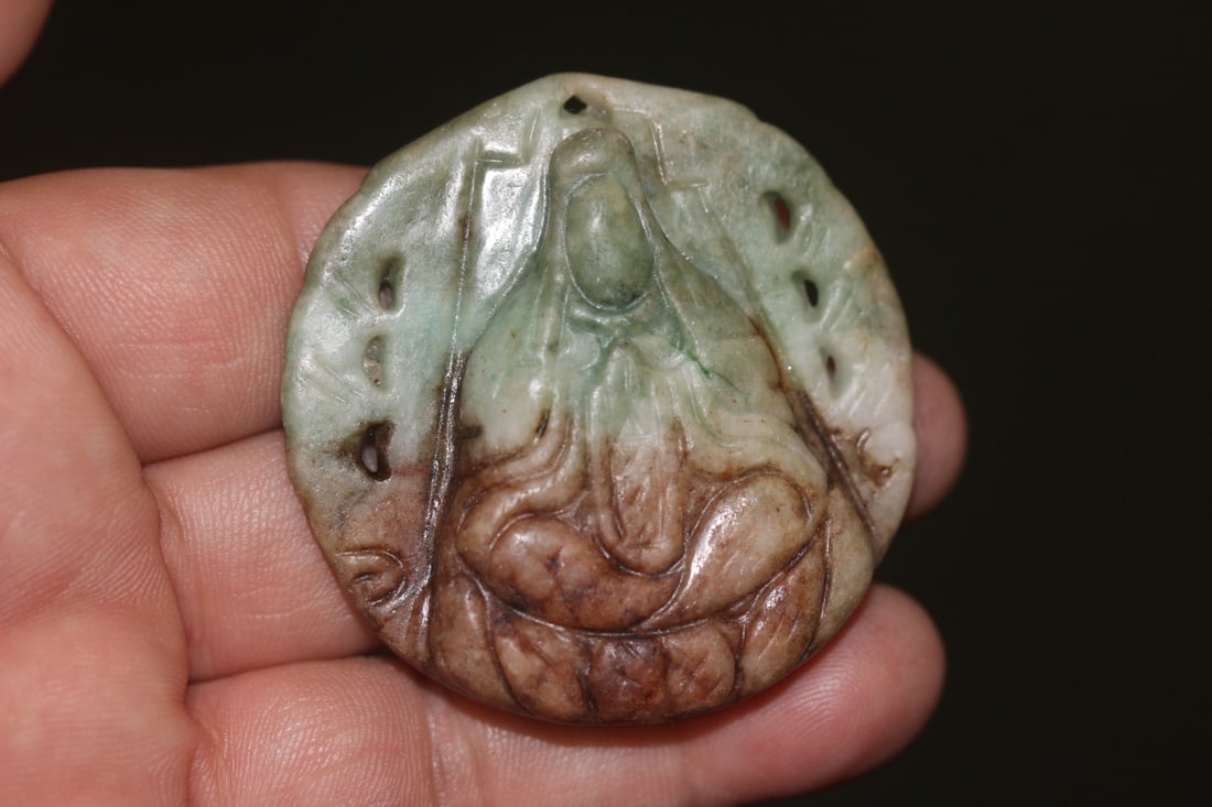 Vintage Chinese Jade Kwan Yin Disc: 2 inches in diameter