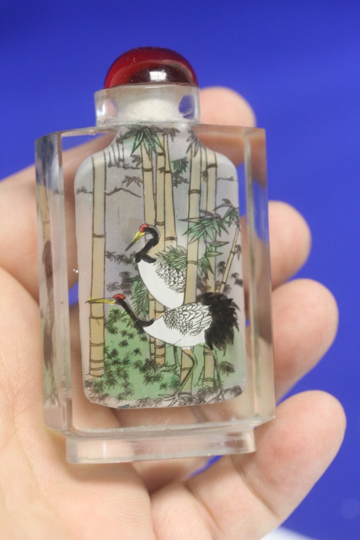 Chinese Crystal or Glass Snuff Bottle: reverse painting on glass - 3 1/4" across