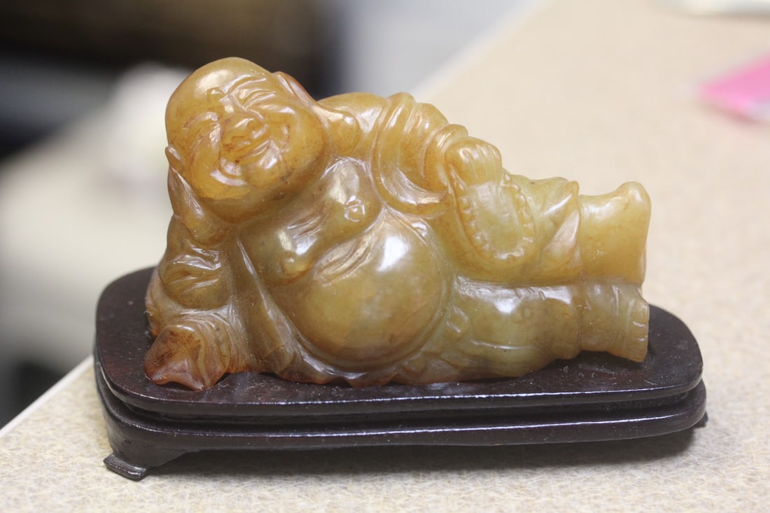 Vintage Reclining Buddha: soapstone - signed - on stand - 4 1/2" wide