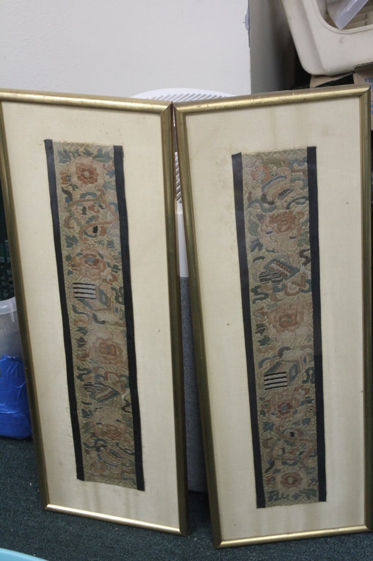 Pair of Framed Kasi Silk Needlework: Chinese - overall= 27 3/4" x 9 3/4" each