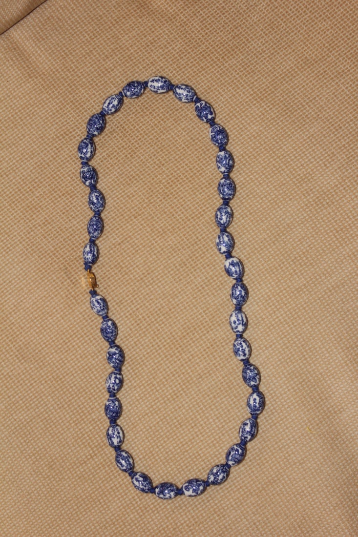 Chinese Porcelain Beads Necklace: blue and white - gold filled clasp - 12" across when clasped