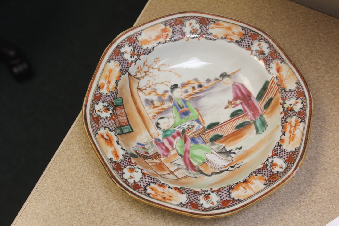 Antique Chinese Rose Medallion Soup Bowl: please note: chip, broken and restored as shown - 9" in diameter