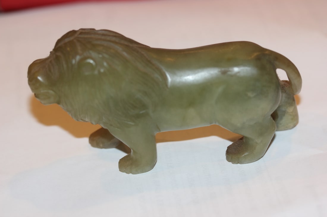 Chinese Lion: Jade or similar hardstone - 4 3/8" across