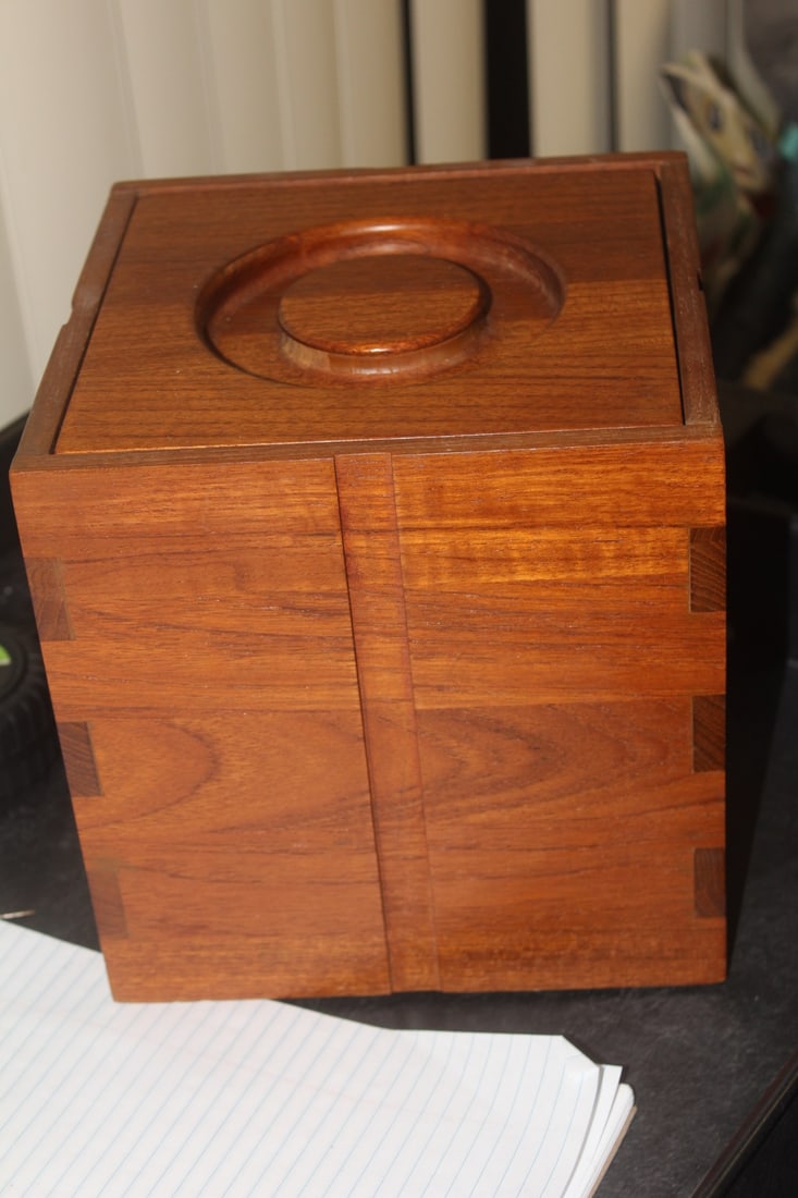 Teak Wood Ice Bucket: with tong and plastic insert - 8" x 8" x 8"
