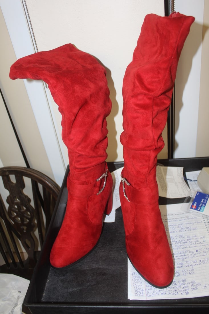 Pair of Red Boots: size: 10 1/2" - 19 3/4" tall