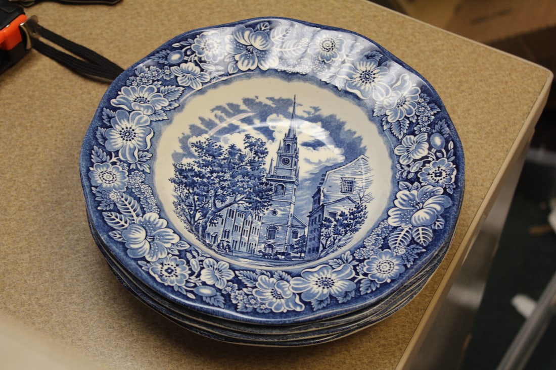 Liberty Blue Victorian Scene Soup Bowl: blue and white - set of 4 - 8 3/4" in diameter